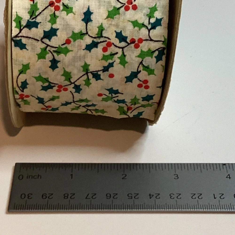 Vintage Christmas Holly Berry Fabric Ribbon 2.5 Inch Spool Holiday Decor 25 yard